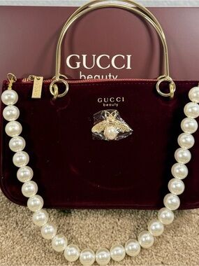 Gucci beauty dark red Velvet Beauty Bag GWP with added bee and metal handle